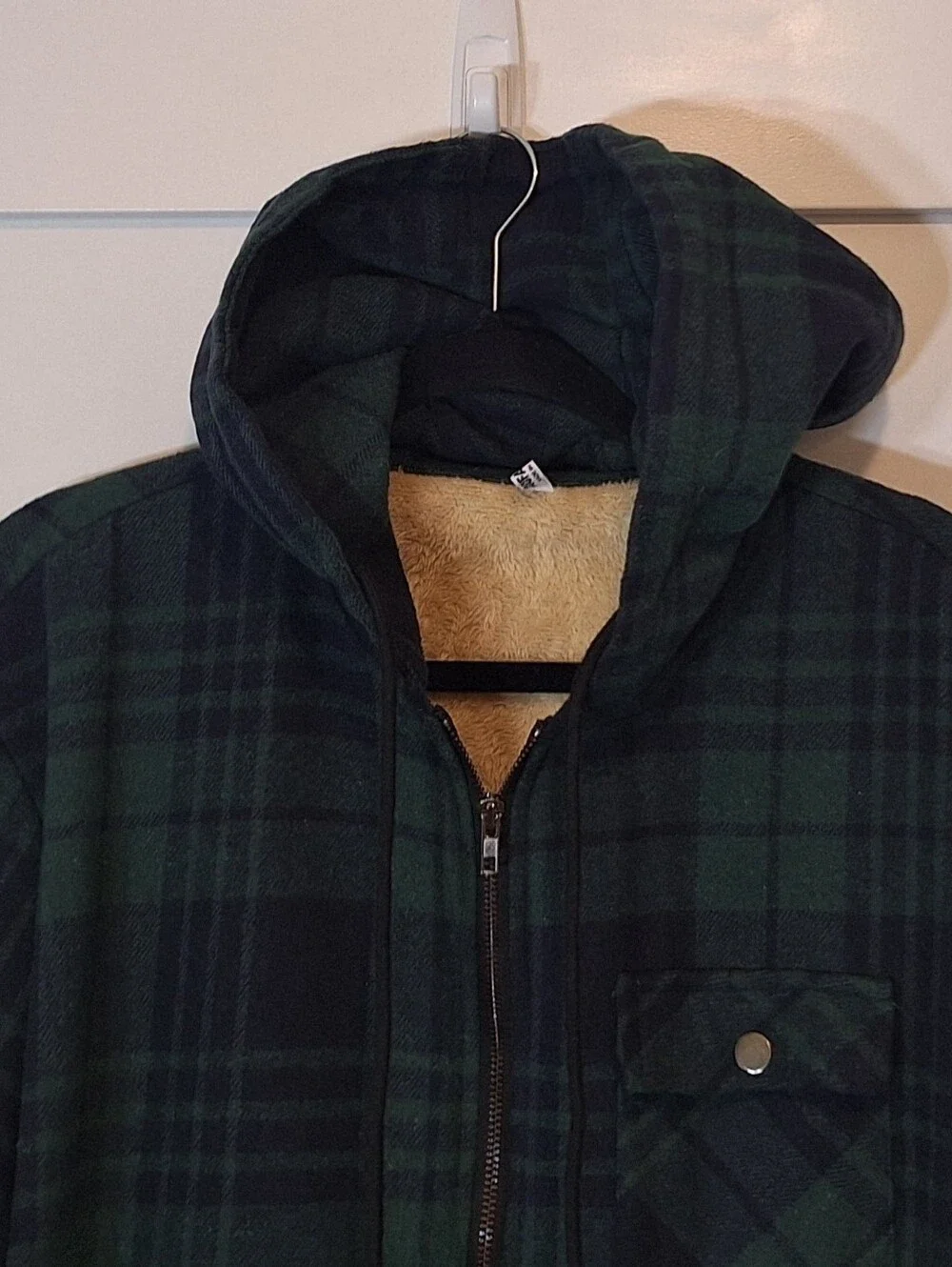 Coofandy Flannel Zip Up Hooded Jacket Sherpa Lined Green Navy Blue Plaid XL